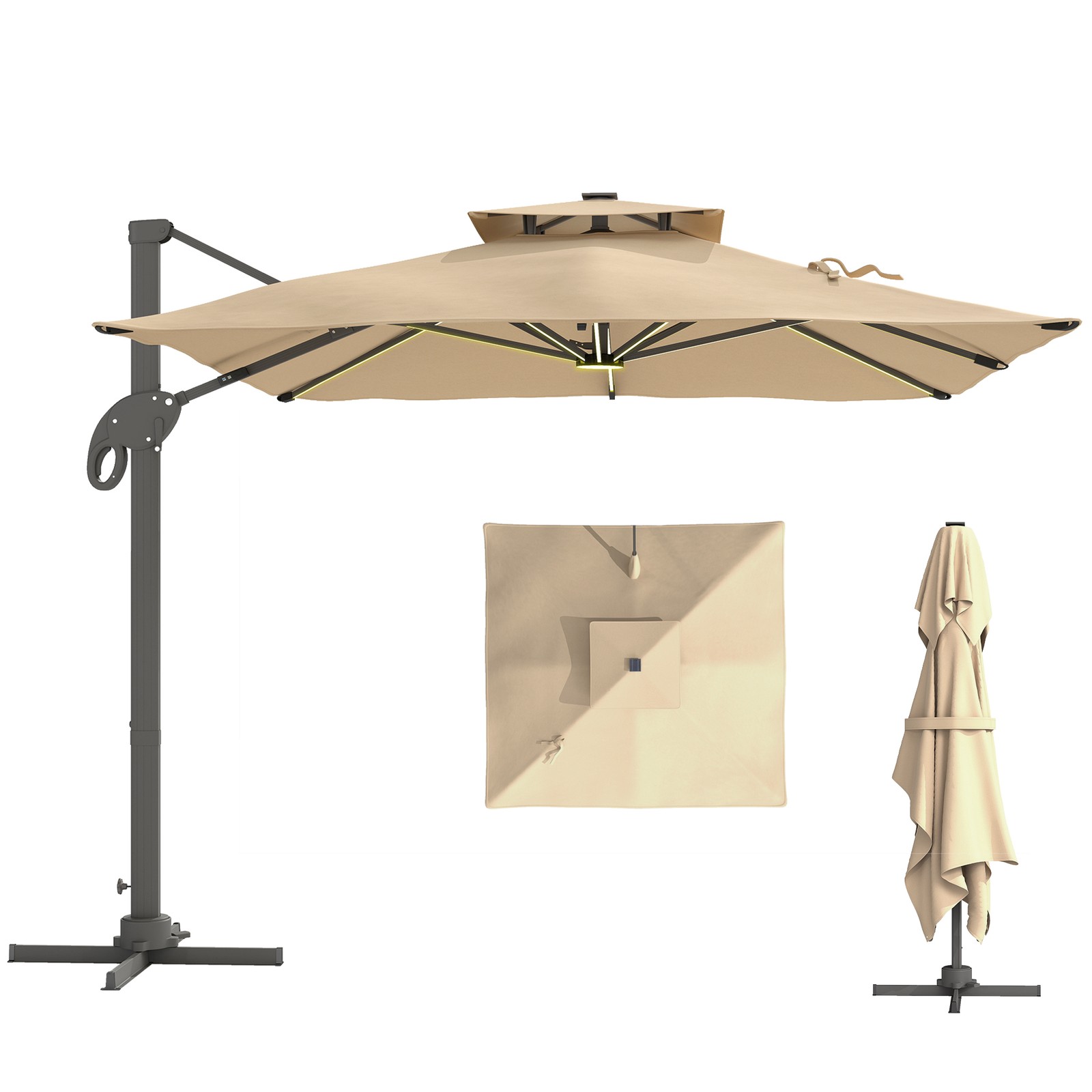 Outsunny 3 x 3(m) Cantilever Umbrella Power Bank Solar Cold Light Khaki