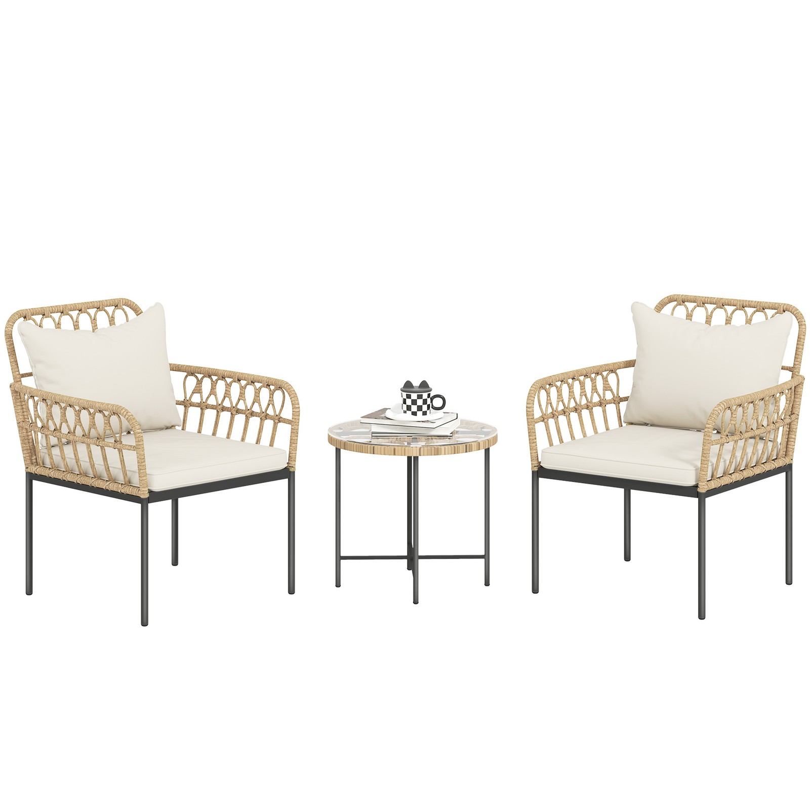 Outsunny 3 Piece Rattan Bistro Set, Balcony Table and Chairs with Cushions