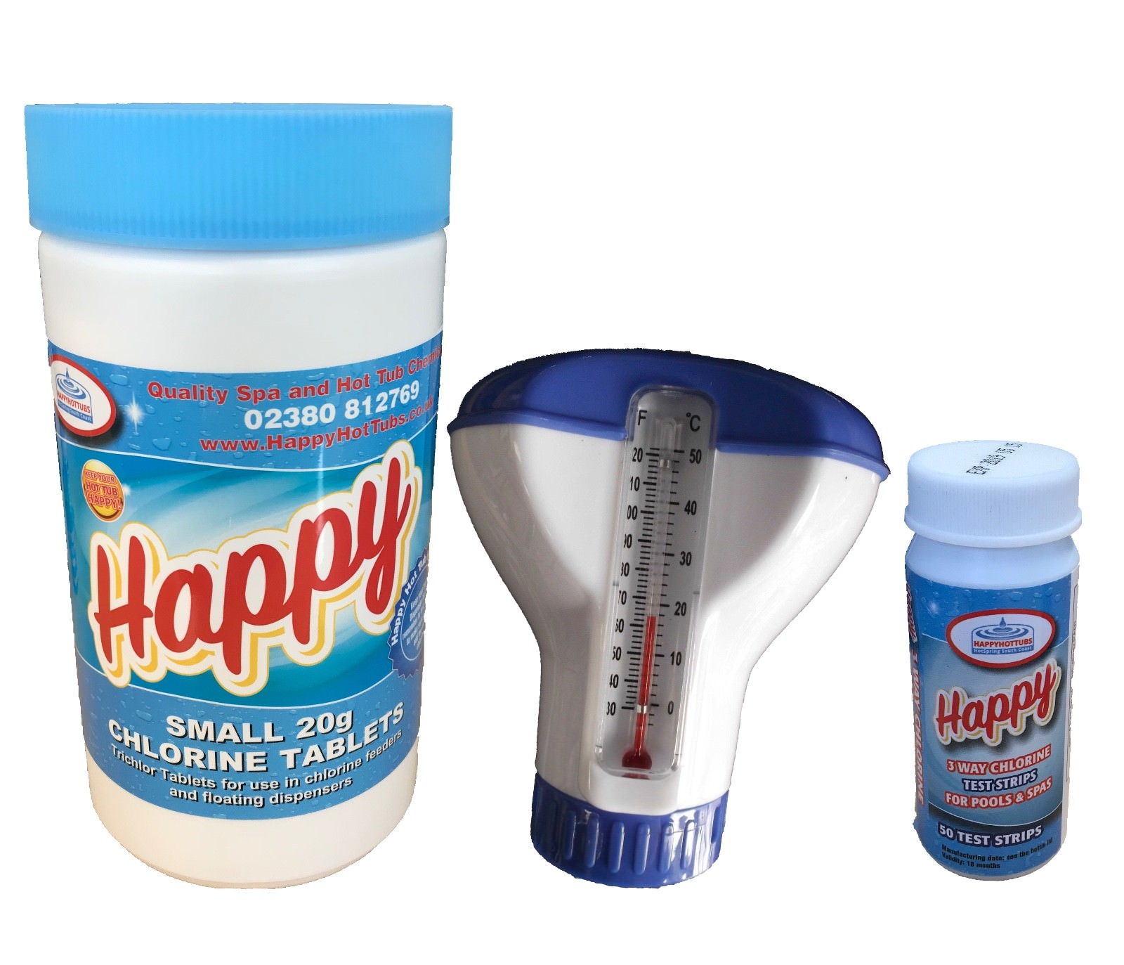 1kg Chlorine Tablets + Test Strips + Thermometer Dispenser Happy Hot Tub Pool