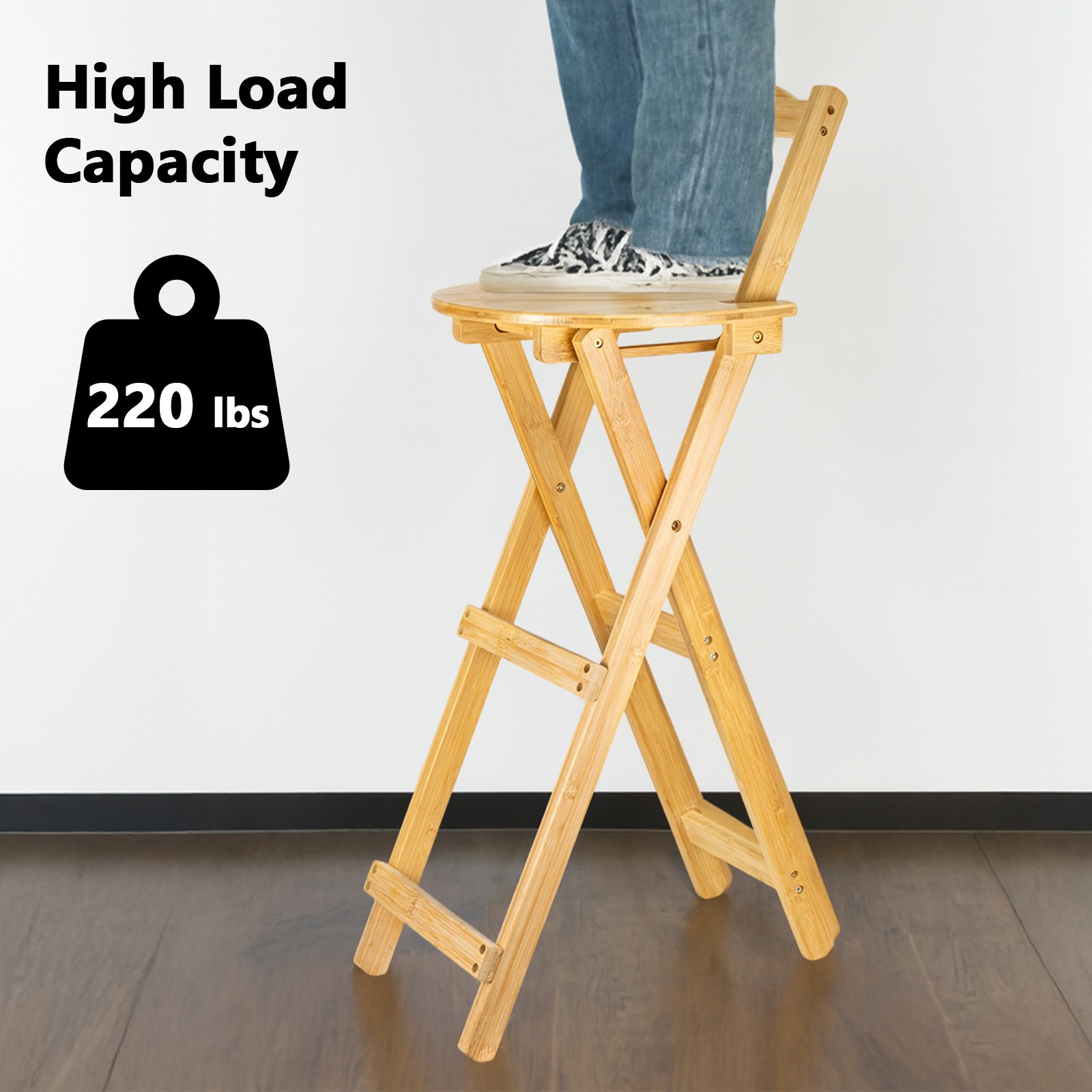 Kitchen Stools Bamboo Folding Barstools with Backrest & Footrest Kitchen