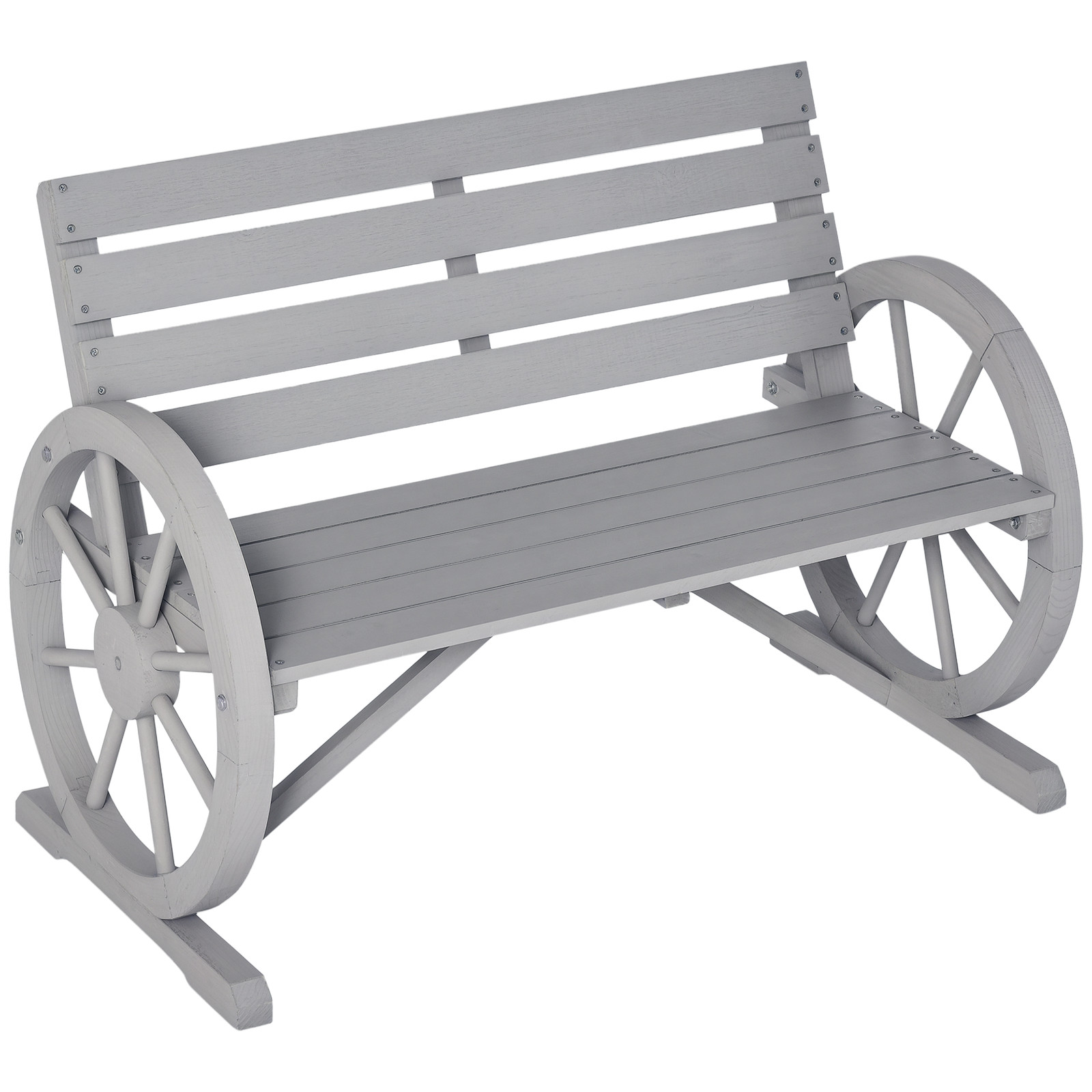 Outsunny 2 Seater Garden Bench w/ Wooden Cart Wagon Wheel Grey