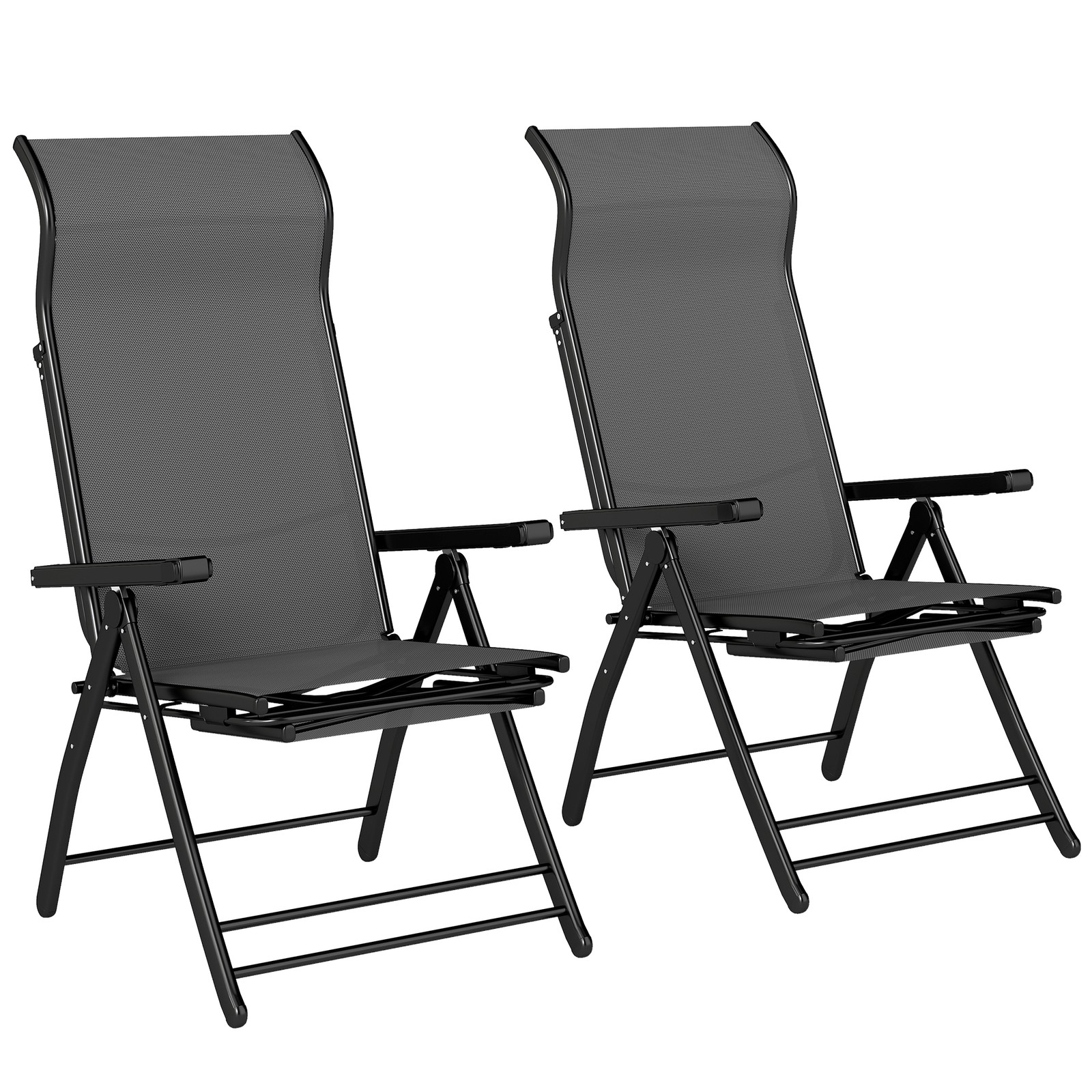 Outsunny Folding Reclining Garden Chairs Set of 2 with Footrest, Dark Grey