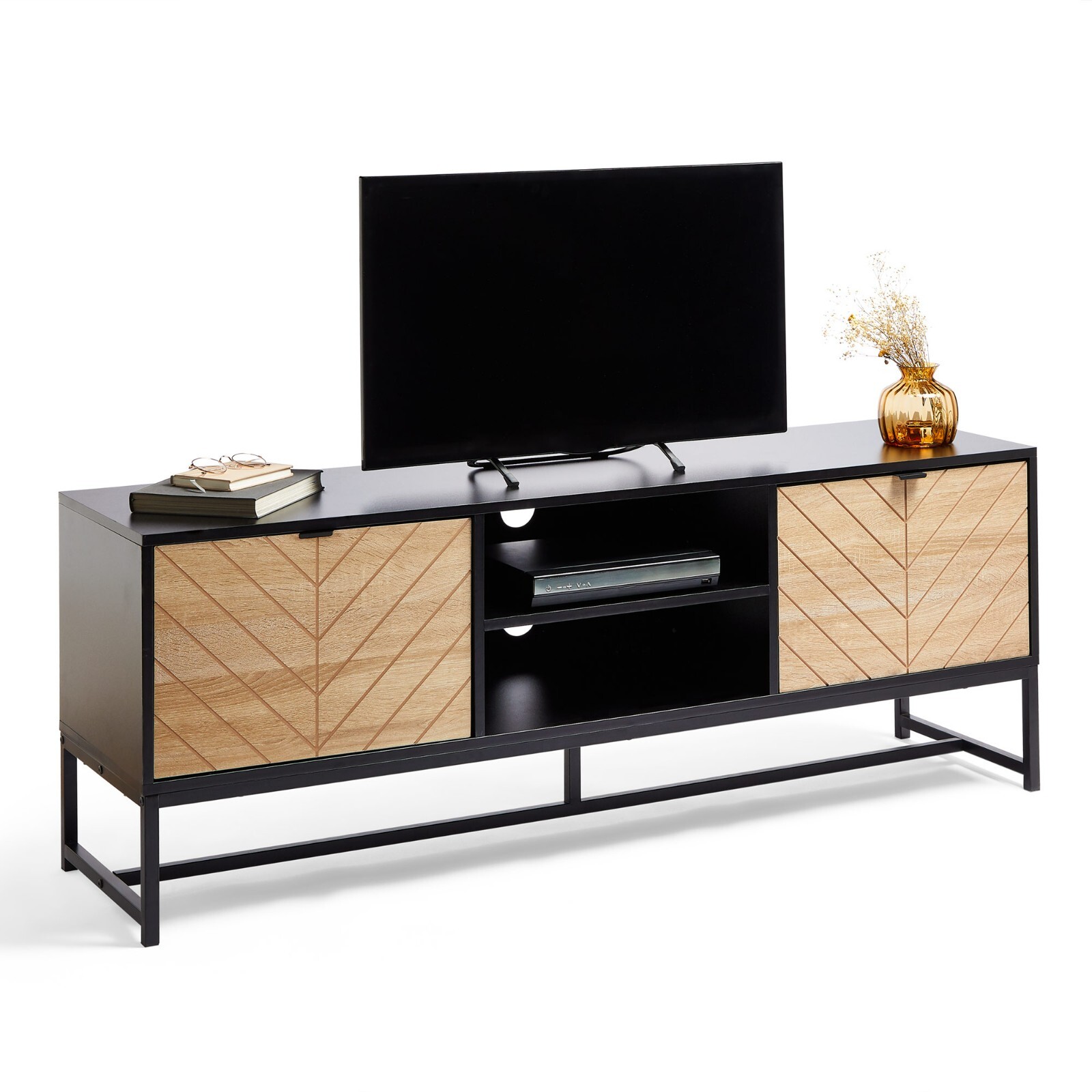 Chevron TV Unit Cabinet Stand Modern 2 Door w/ Storage & Shelves | VonHaus