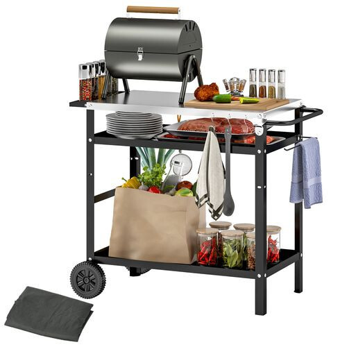 BBQ Garden Kitchen Trolley with Stainless Steel Top Movable Pizza Table Black