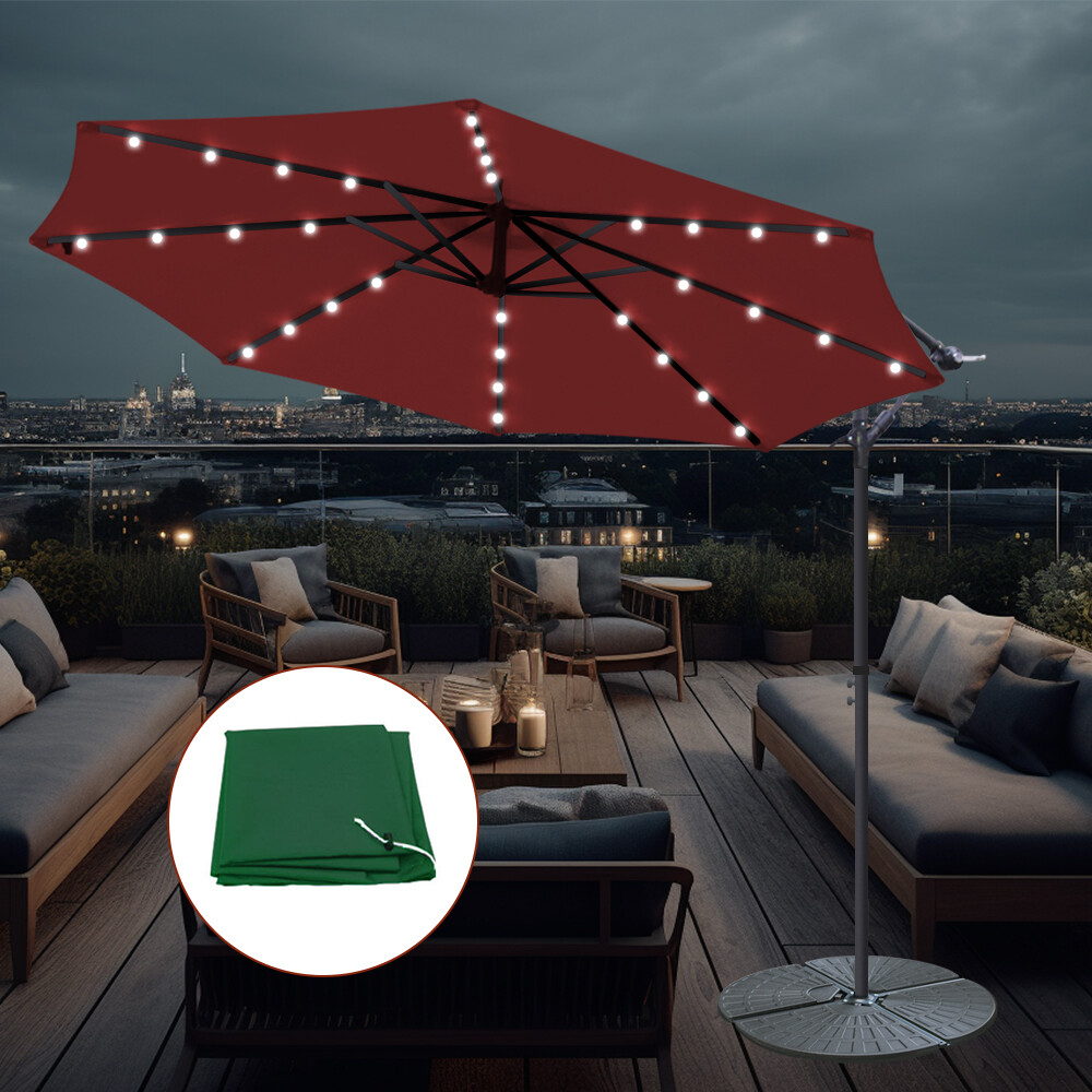3m LED Garden Patio Banana Parasol Umbrella Cantilever Wine Red w/ Base Cover
