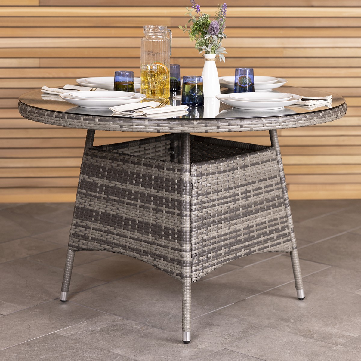 Charles Bentley 4 Seater Round Rattan Dining Table - Grey