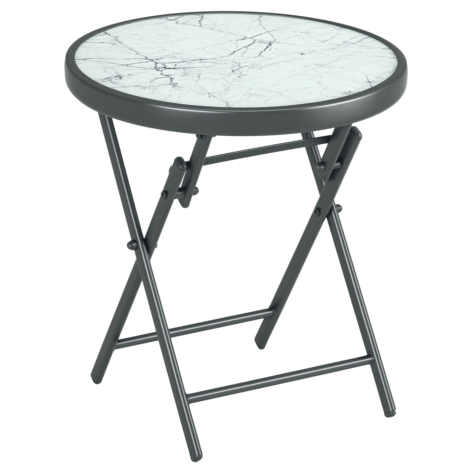 Outsunny Round Folding Side Table w/ Imitation Marble Glass Top, White