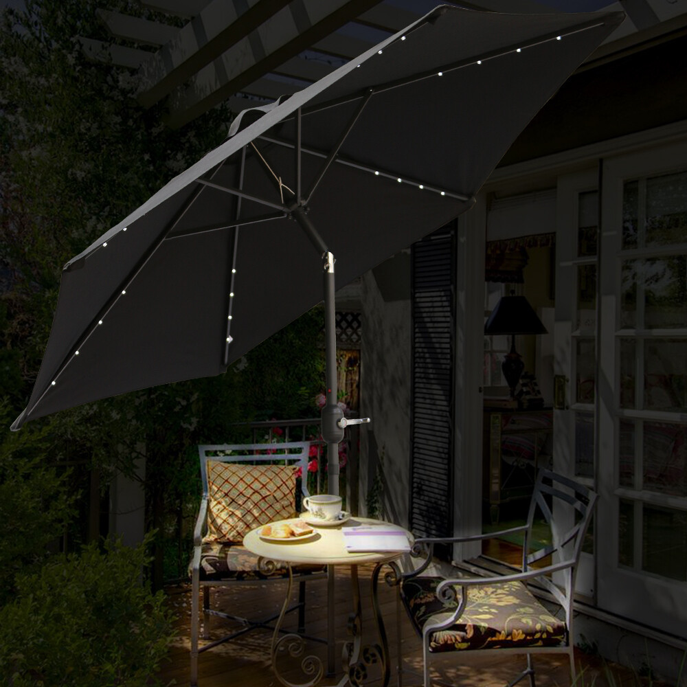 2.5M Round Garden Parasol LED Sun Shade Patio Outdoor Umbrella Crank Tilt Black