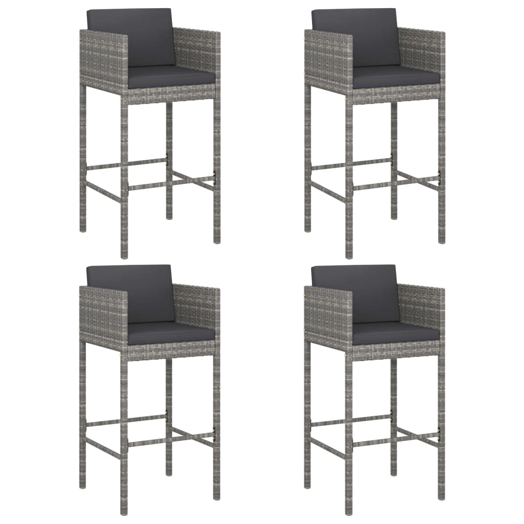 4x Bar Stools with Cushions Grey Poly Rattan Kitchen Breakfast Chair vidaXL