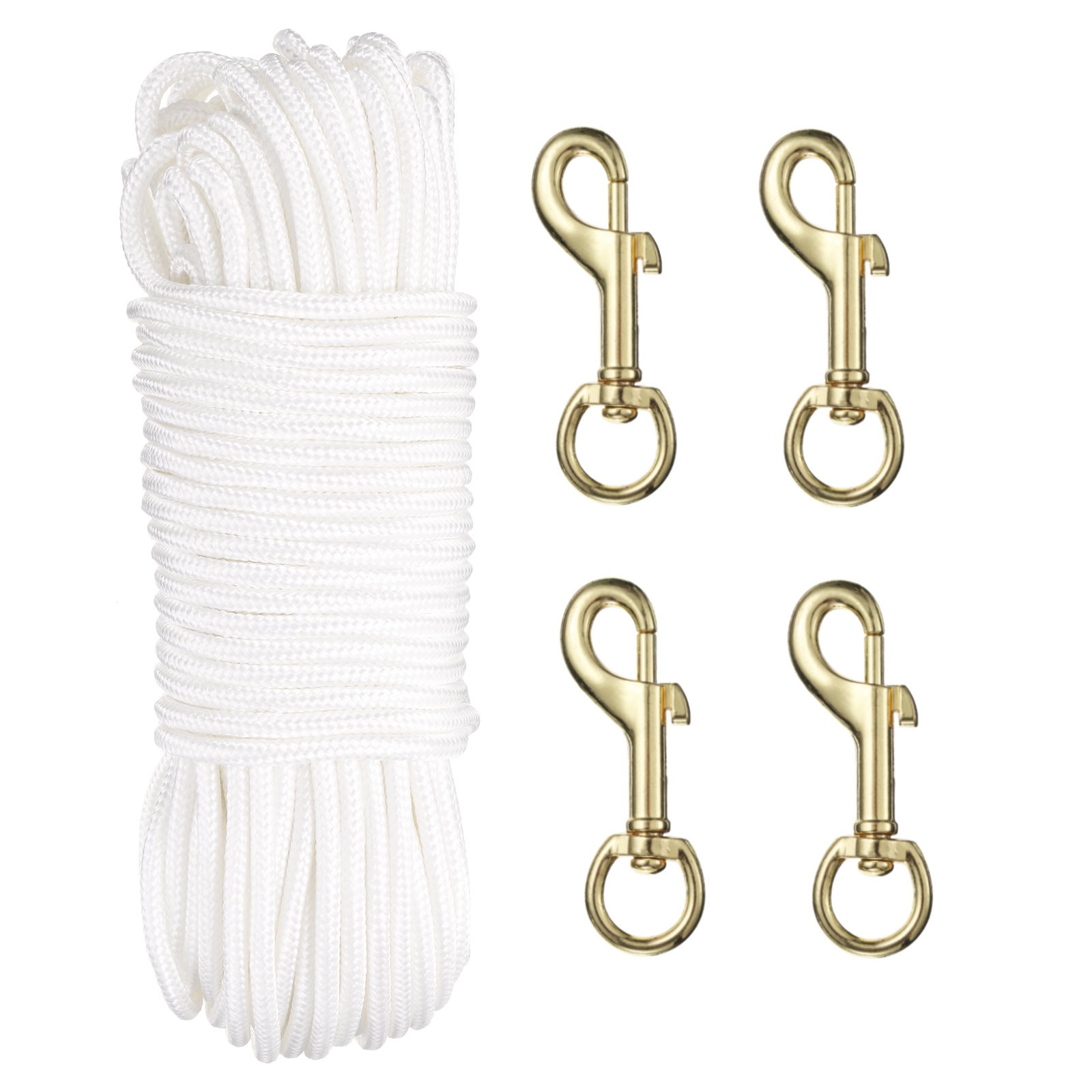 100Ft Flag Pole Halyards Rope 1/4" with 4 Pcs Nickel Flagpoles Clips Gold