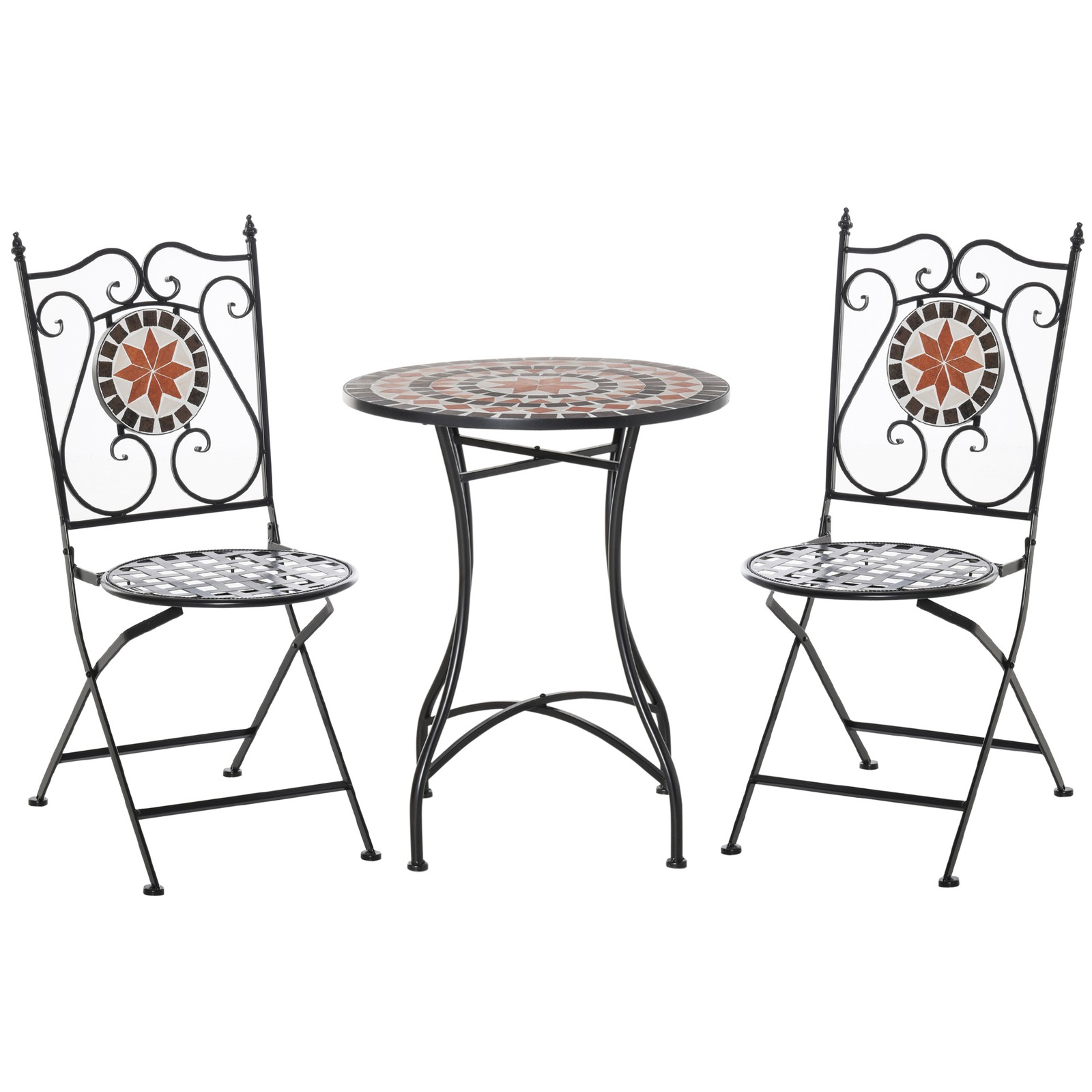 Outsunny 3PCs Garden Set 1 Ceramic Tile Round Table and 2 Foldable Chairs
