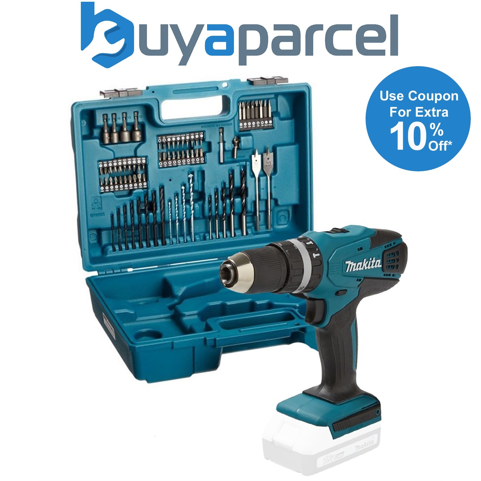 Makita HP457D 18v G-Series Lithium Combi Hammer Drill + 74 Screwdriver Bit Set