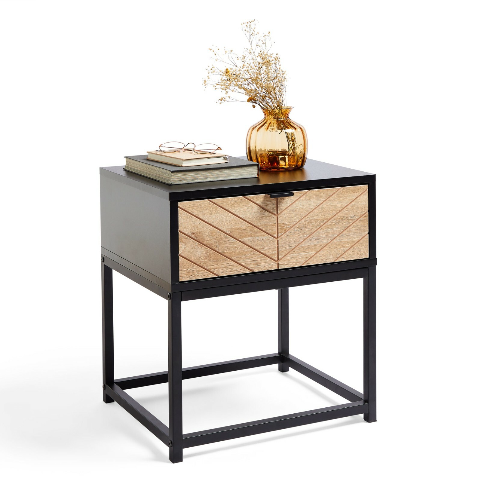 Chevron Side End Table 1 Drawer Bedside Nightstand Black & Wood Effect, VonHaus