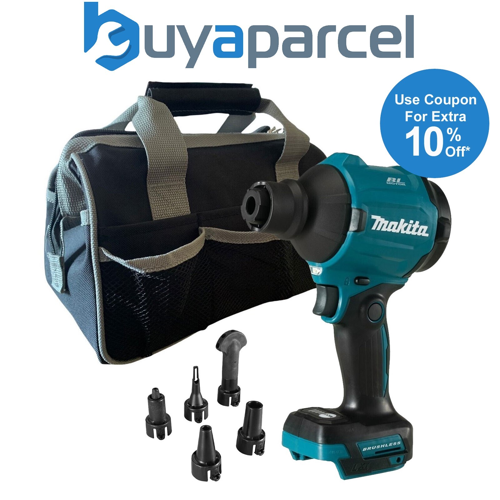Makita DAS180Z 18v Brushless Dust Blower Inflator Deflator LXT + 5 Nozzles + Bag