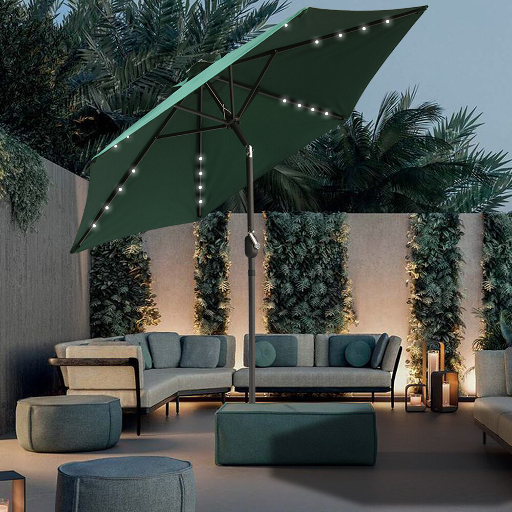 2.5M Patio Outdoor Garden Parasol Solar LED Umbrella Sun Shade Crank Tilt Green