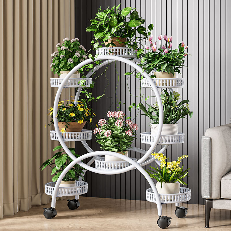 6 Baskets Metal Plant Stand on Wheels Garden Cart Succulent Collection Balcony