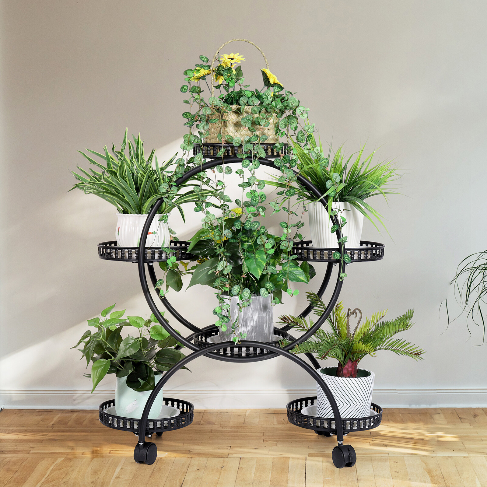 Plant Stand Metal 6 Bonsai Flower Pots Holder Rolling Stand Shelf Indoor Outdoor
