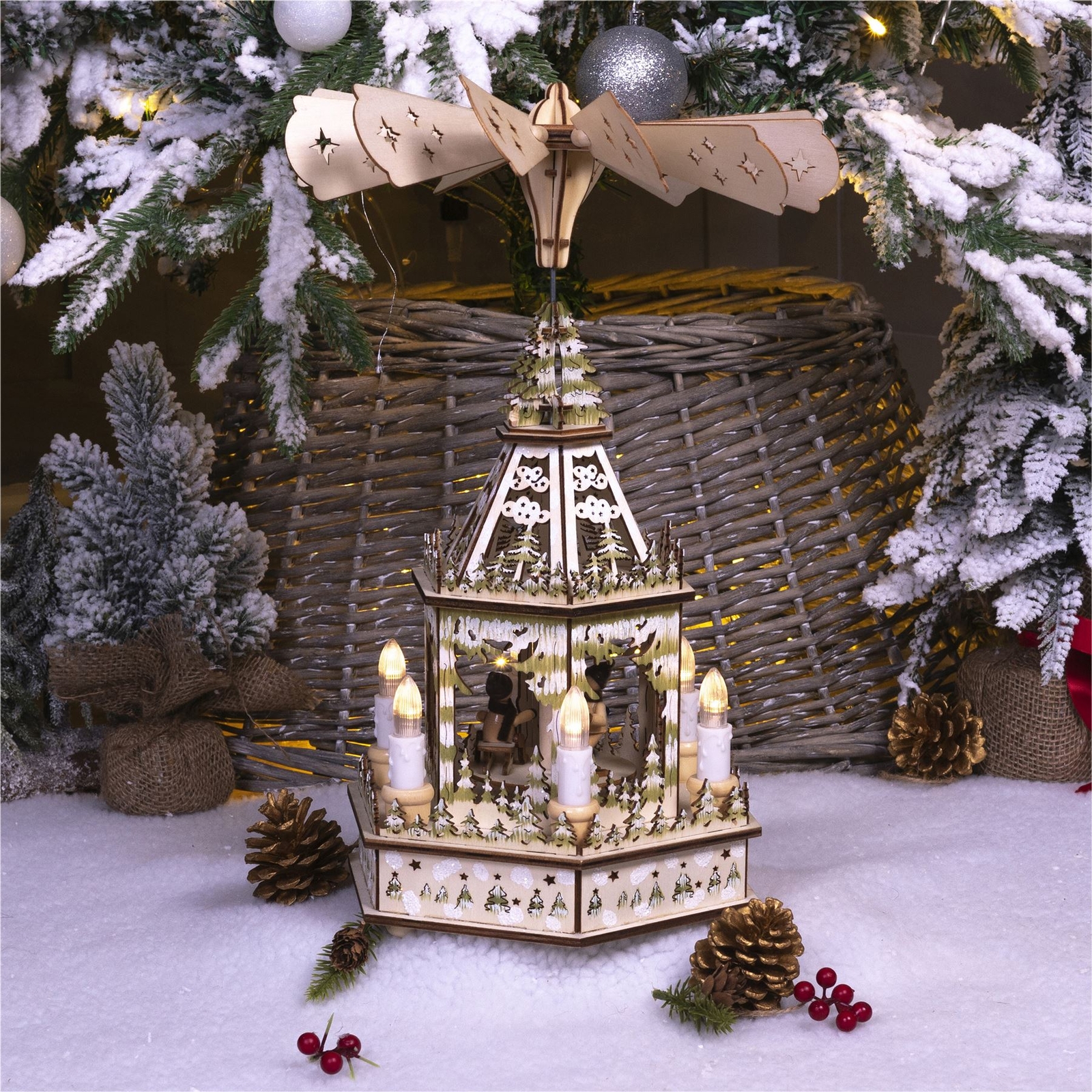 Battery Powered Wooden Decoration Christmas Pyramid Stand Xmas with 6 LED Light