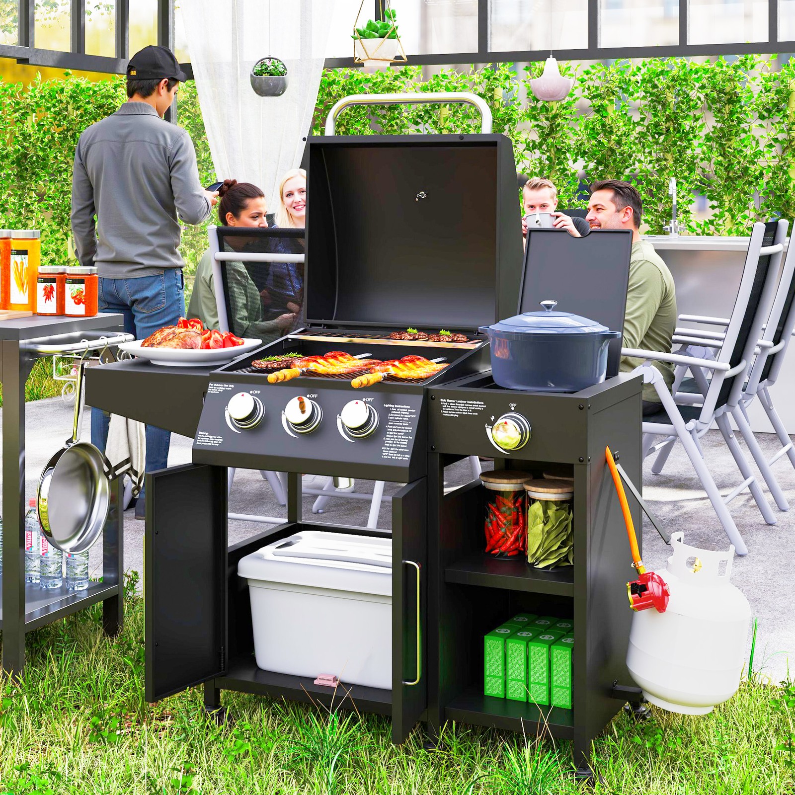 3+1 Burner Gas BBQ Grill with Storage Cabinet and Shelves 9.5 kW Gas Barbecue