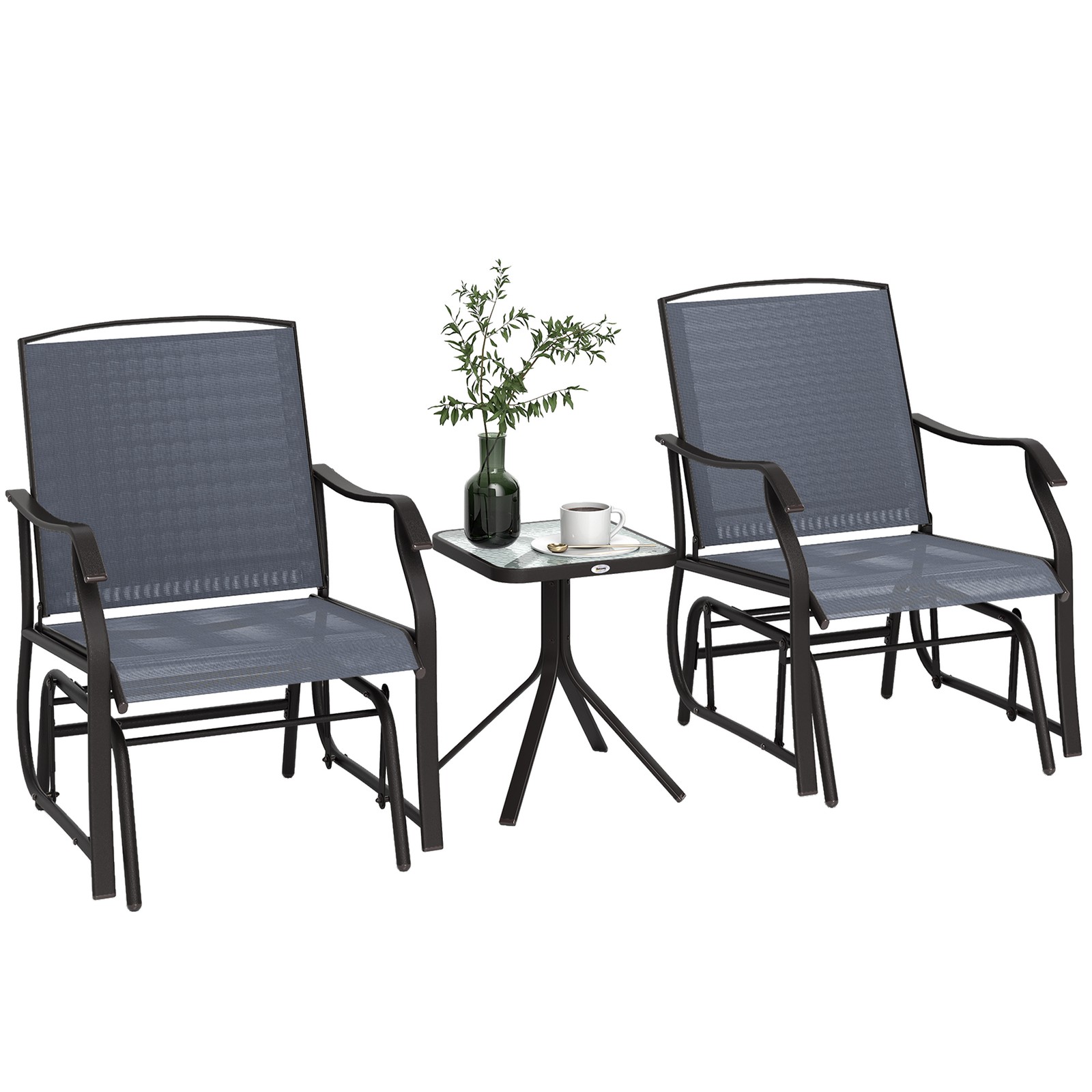 Outsunny 3 PCS Outdoor Sling Fabric Rocking Glider Chair w/ Table Set Grey