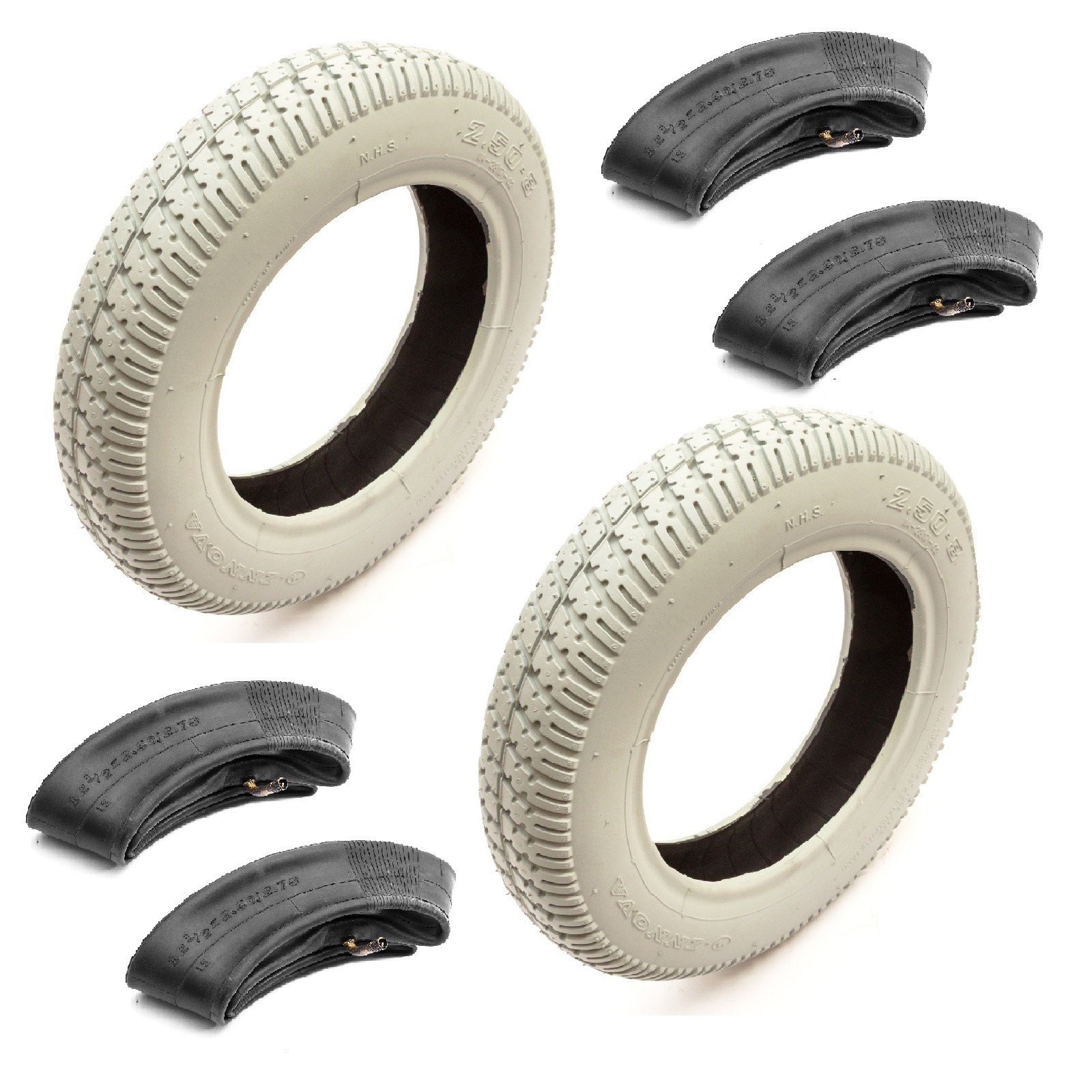2x Mobility Scooter 14 Inch Tyre & Tube 2.50-8 Grey Block Tread 4 Ply Bent Valve