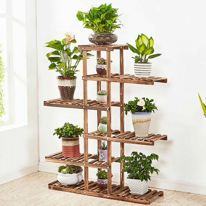 Tall Raised Wooden Plant Stand Flower Rack Corner 11 Pots Bonsai Display Shelf