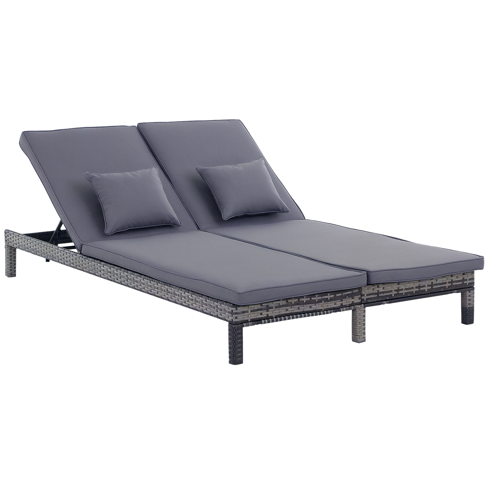 Outsunny 2 Person Rattan Lounger Adjustable Double Chaise Chair w/ Cushion Grey