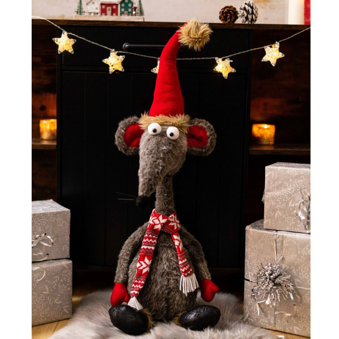 Christmas Rat Decoration Soft Plush 67cm Xmas Seated Novelty Grey Santa Hat