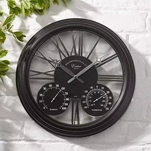 Garden Wall Clock Thermometer Weatherproof Black Home Indoor Outdoor Decoration