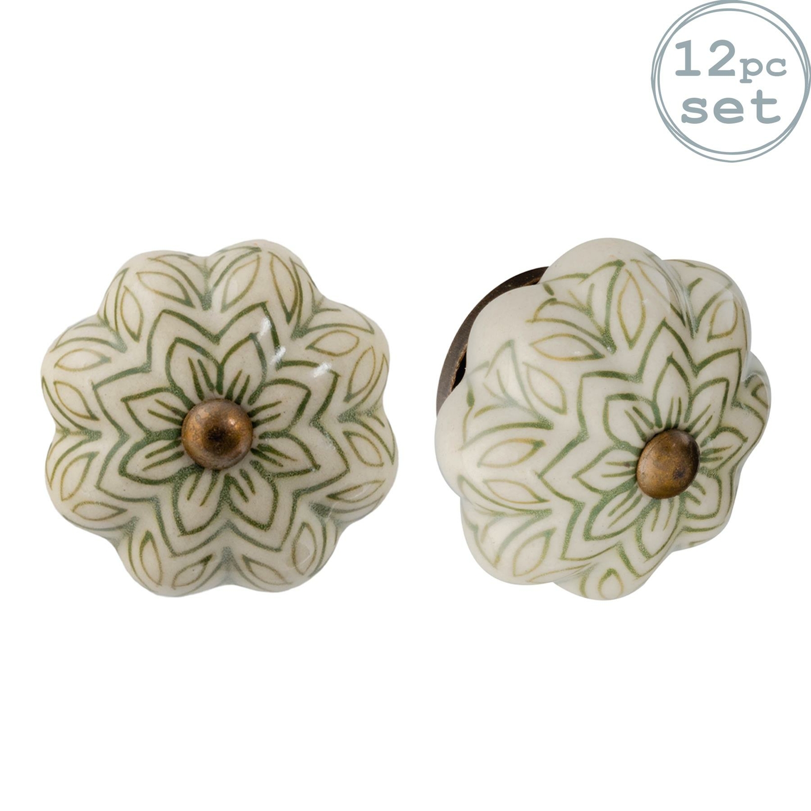 Ceramic Door Knobs Cabinet Drawer Handle Set, Vintage Flower, Green - x12
