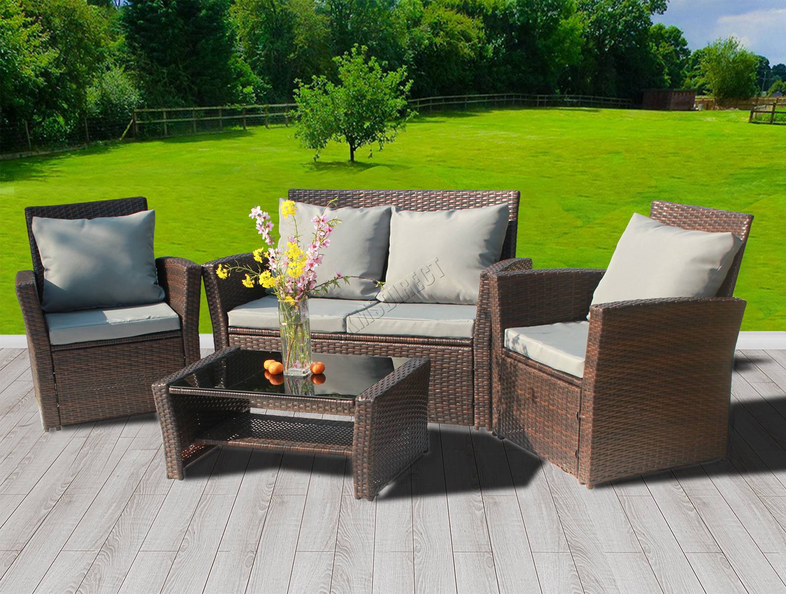 Rattan Furniture Set 4PCS Table Patio Garden Armchair Sofa Glass Coffee Brown