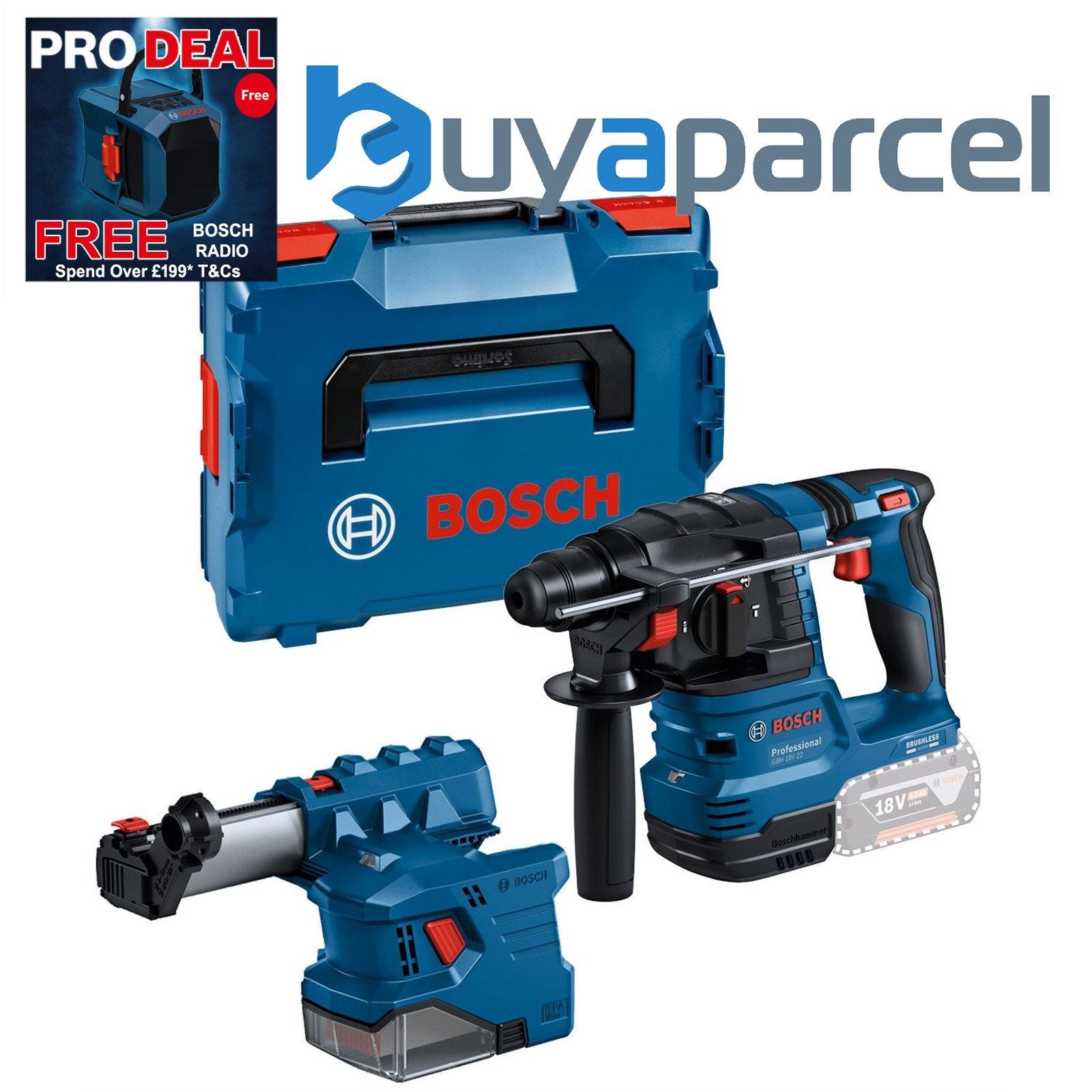 Bosch GBH 18V-22 SDS + Brushless Cordless Rotary Hammer + Dust Extractor + LBOXX