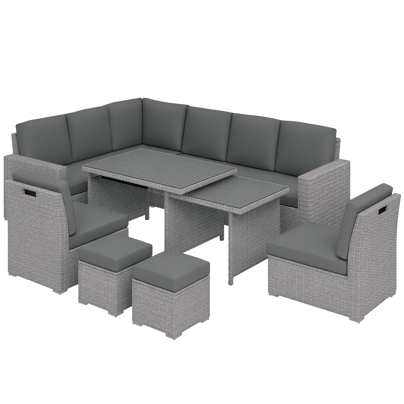 Outsunny 10-Seater Sofa Sectional w/ Cushioned Seat, Footstools and Glass Table
