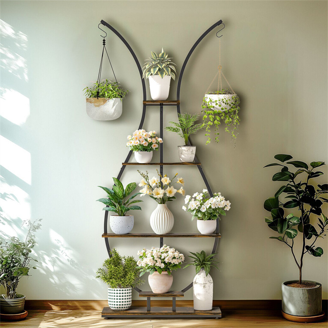 5-Tier Planter Vase Shape Ladder Stand Tall Plant Shelf w/ Flower Basket Hangers