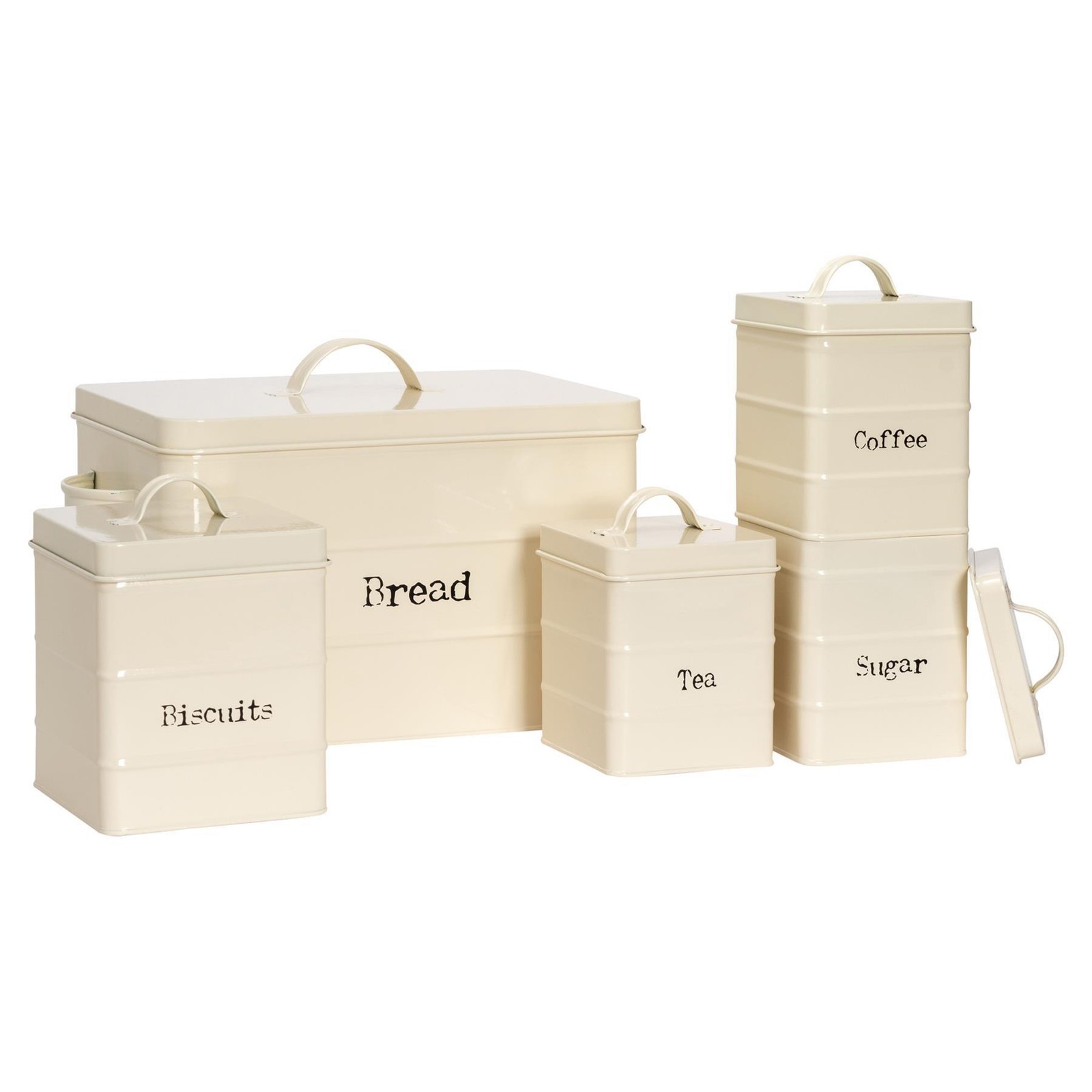 5x Kitchen Storage Canisters Set Tea Coffee Sugar Bread Vintage Metal Cream