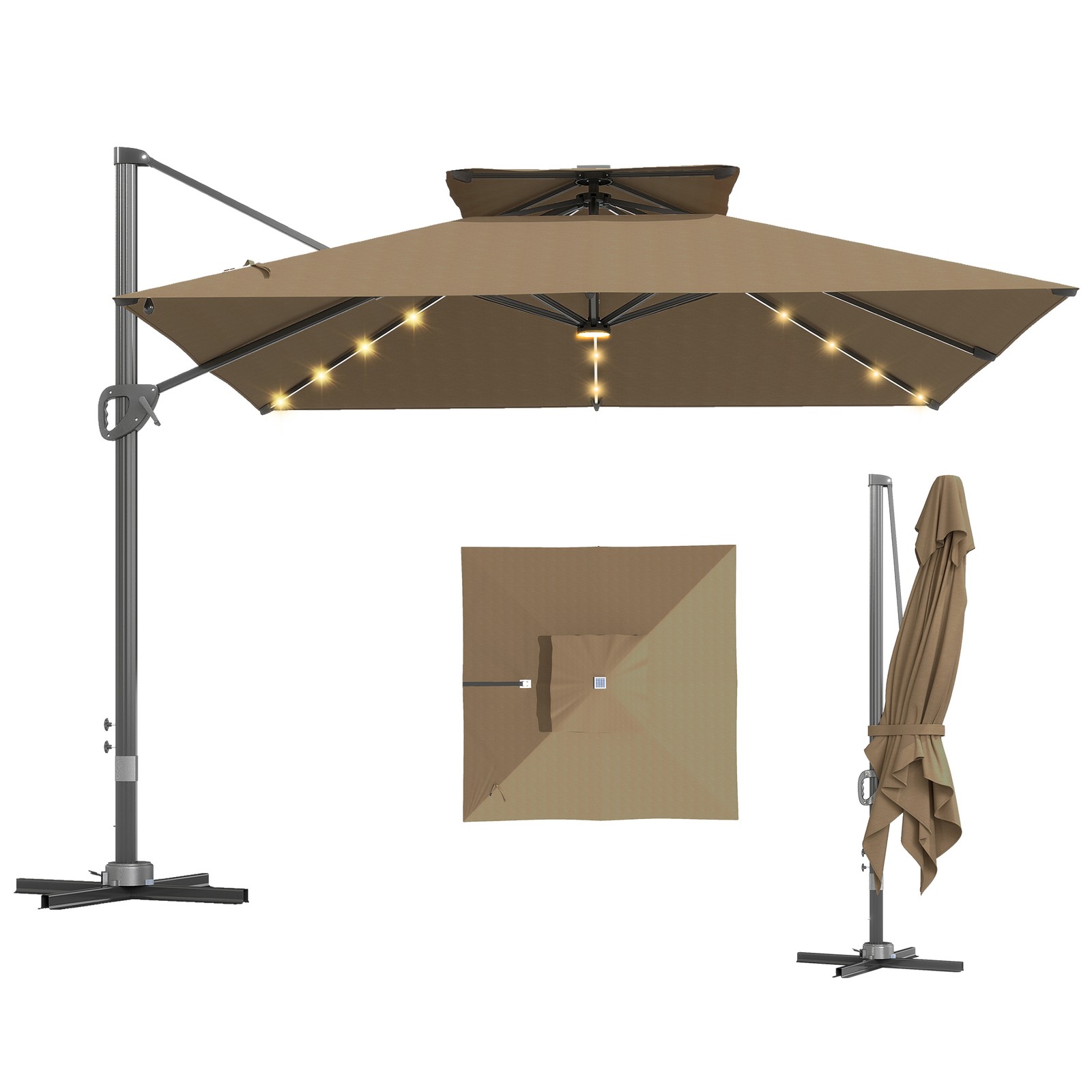 Outsunny 3.5m Aluminium Cantilever Parasol w/ LED Lights Crank Tilt UV50+ Khaki