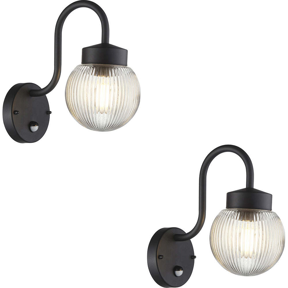 2 PACK Outdoor Textured Black Wall Light Clear Ribbed Glass Shade 10W LED E27