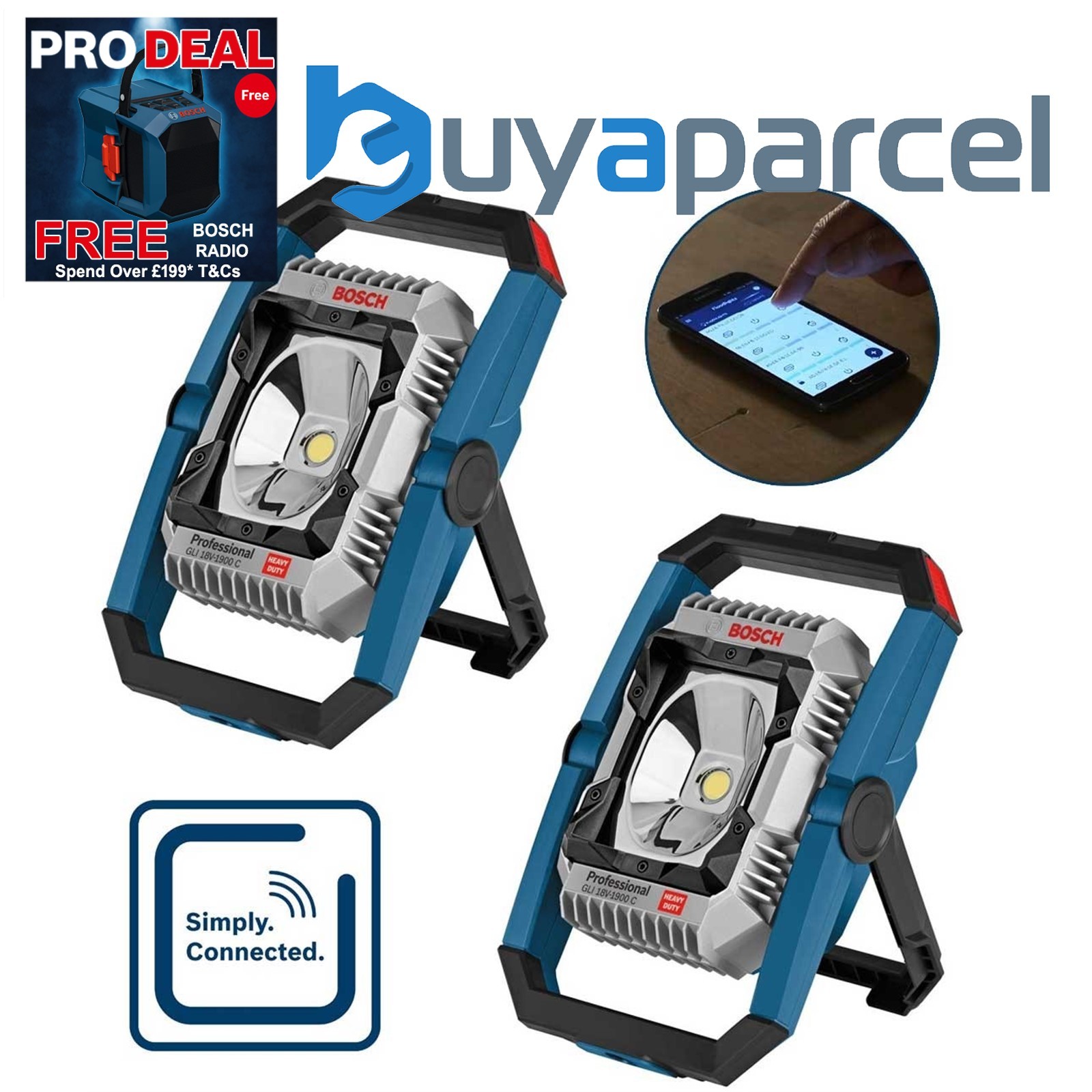 2x Bosch GLI 18V1900C 18v LED Cordless Floodlight Site Light Bluetooth Connected