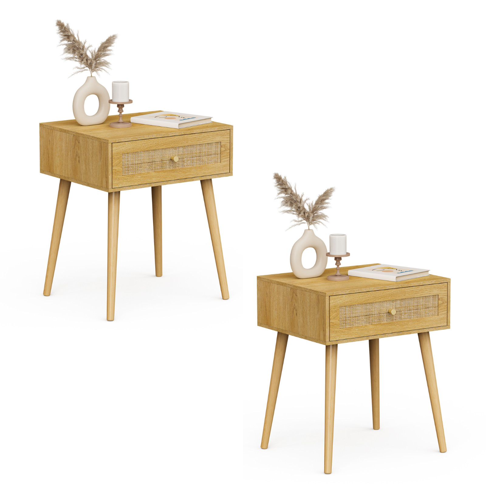 Bedside Tables Set of 2 Rattan Drawers, Side Table with 1 Drawer, VonHaus