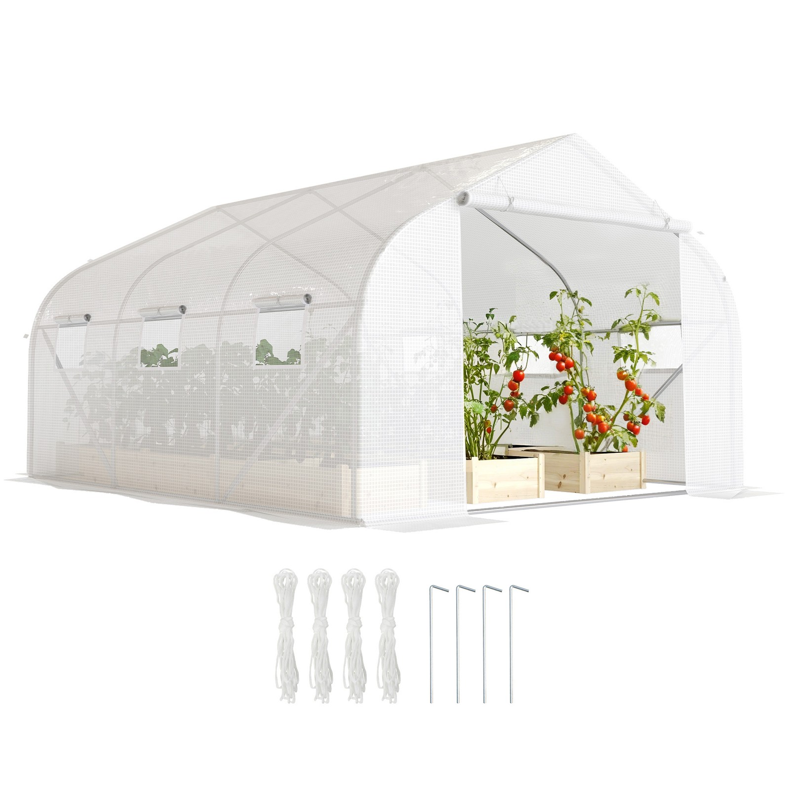 Outsunny Walk-In Polytunnel Greenhouse w/ Roll Up Door Windows, 4.5x3x2 m White