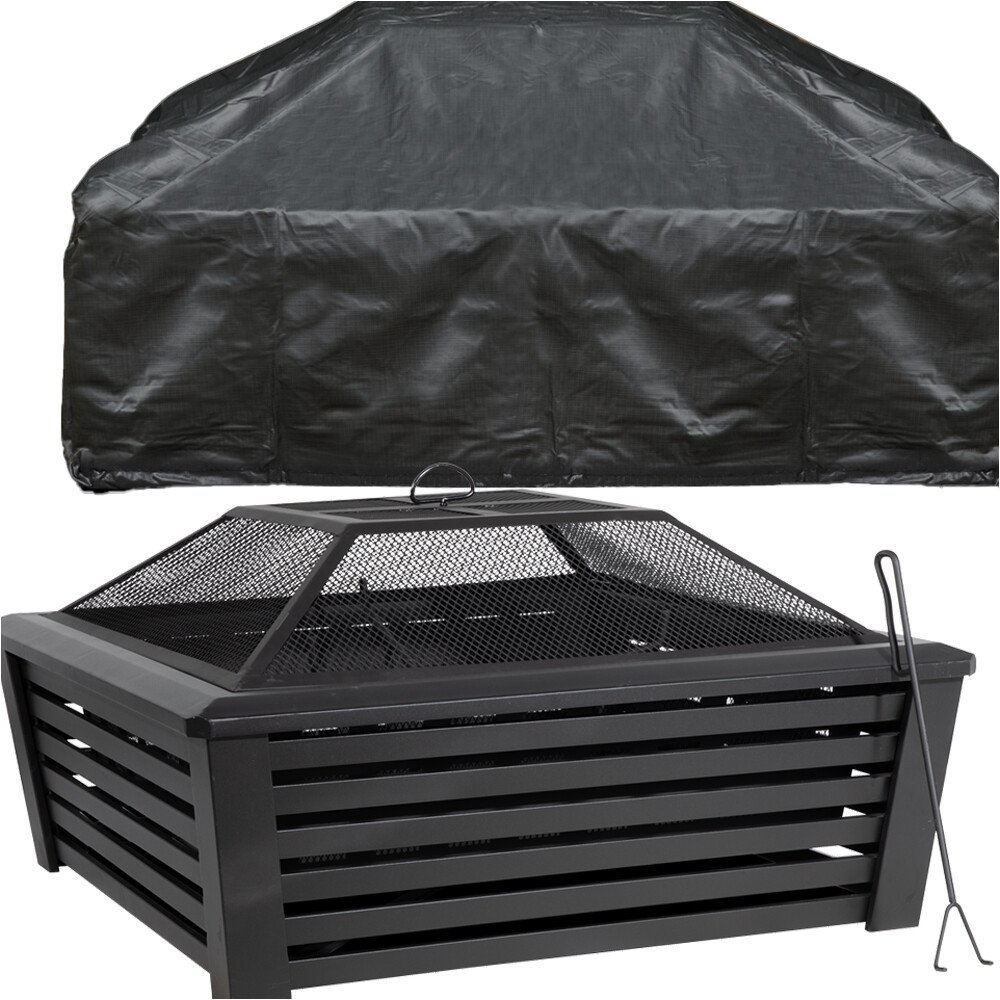89cm Square Black Fire Pit Wood Burner & Cover Set - Outdoor Garden Heater Mesh
