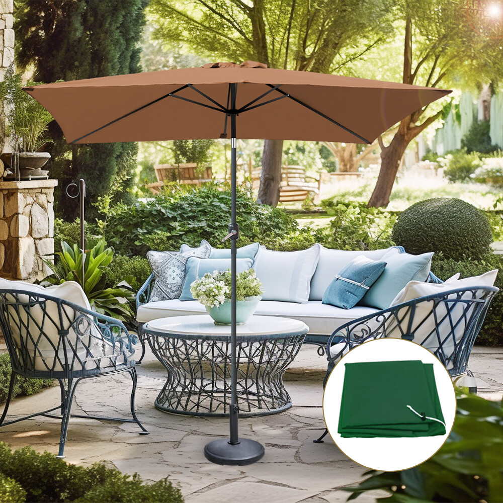 2x3m Garden Parasol Outdoor Umbrella Coffee Rectangular Tilt Crank w/ Base Cover
