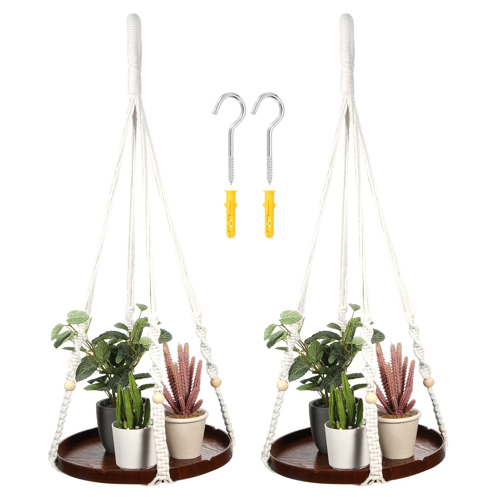 2 Pack Macrame Hanging Plant Shelf Indoor with Sturdy Wood Base, Light Brown