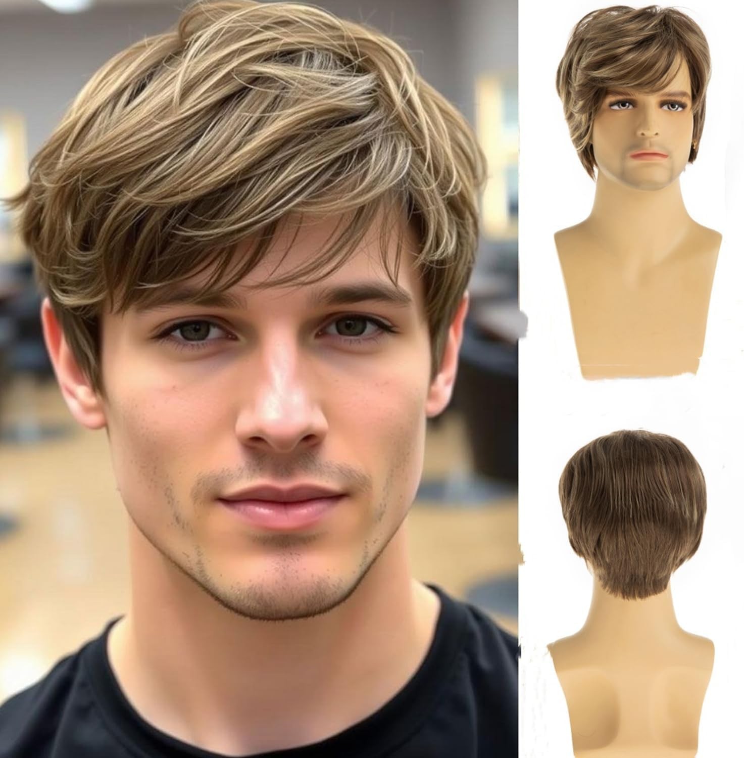 Mens Blonde Wig Short Straight Synthetic Blonde Mixed Brown Hair Wigs for Male