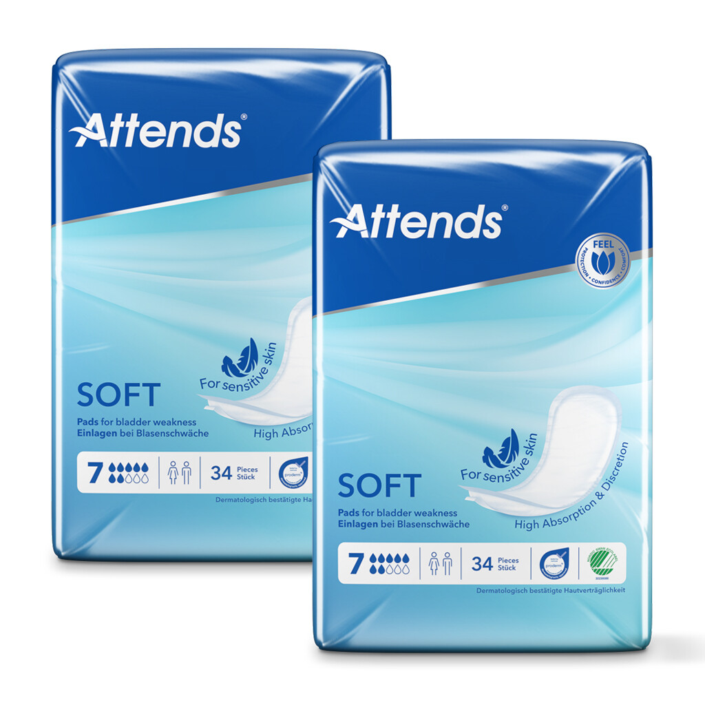 Attends Soft 7 Unisex Large Discreet Incontinence Pads - 2 Packs of 34 (68 Pads)