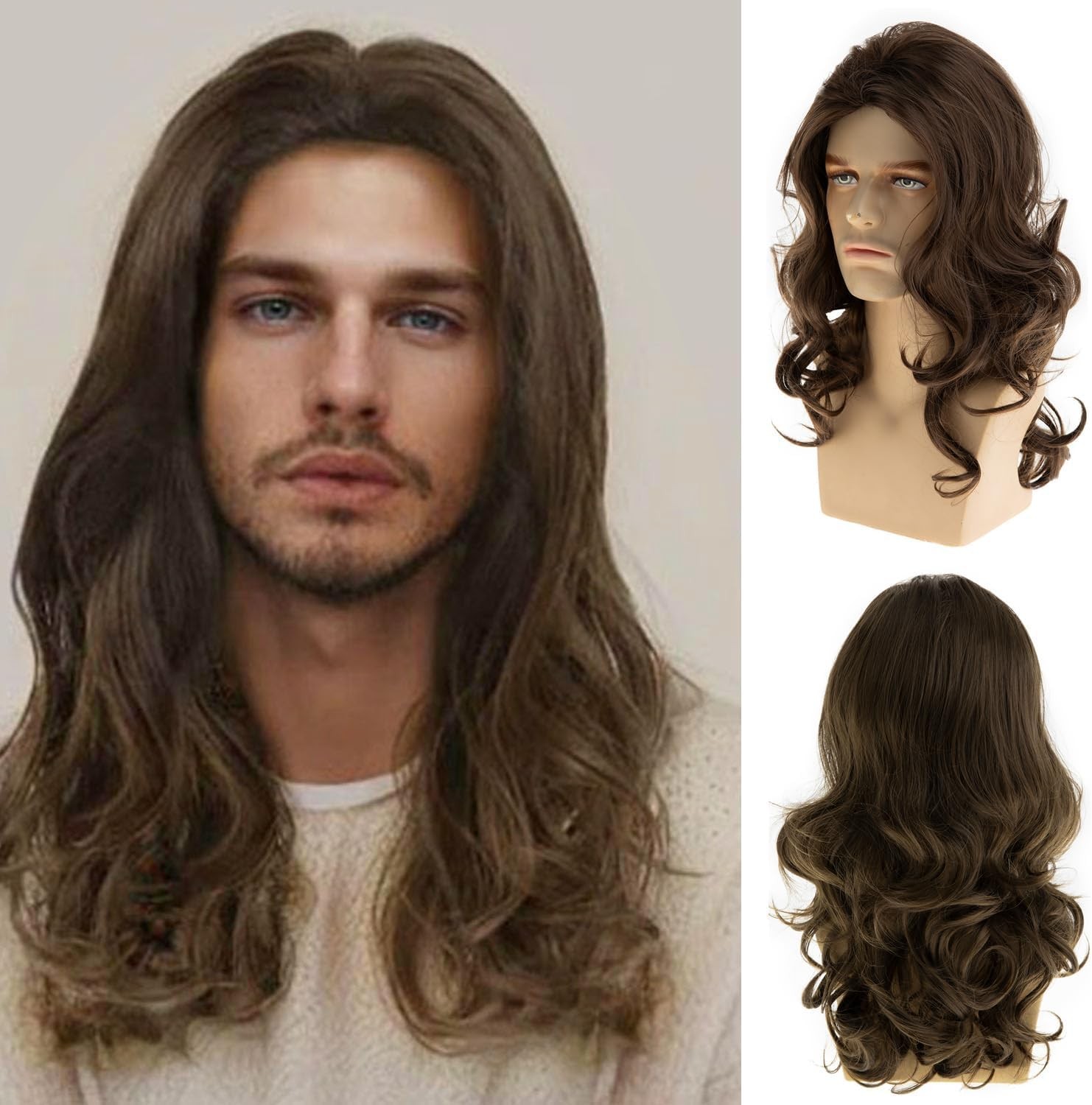 Long Brown Wigs for Men Synthetic Layered Wavy Cosplay Party