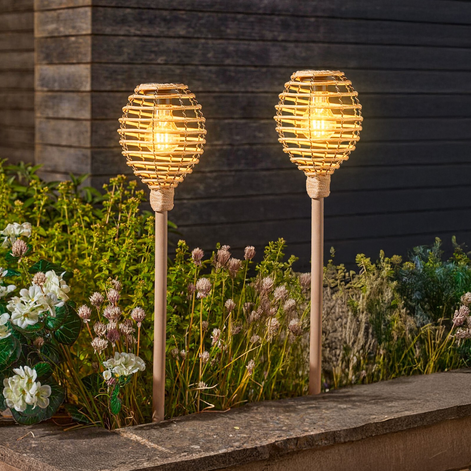 Solar Torch Stake Lights Rattan Garden Lighting Decoration Lamps Pathway 2pk