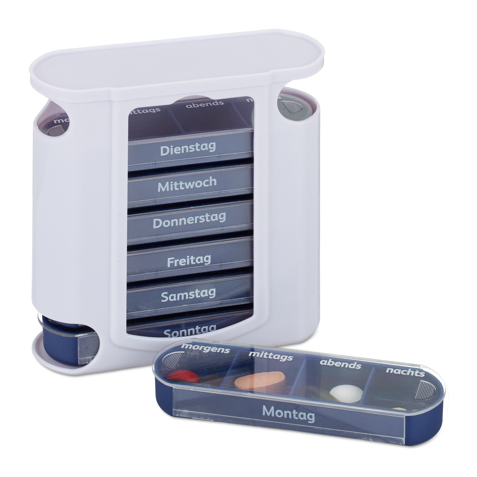 Set of 10 Pill Boxes 7-Day Medicine Organiser 4-Compartments Weekly Blue/White