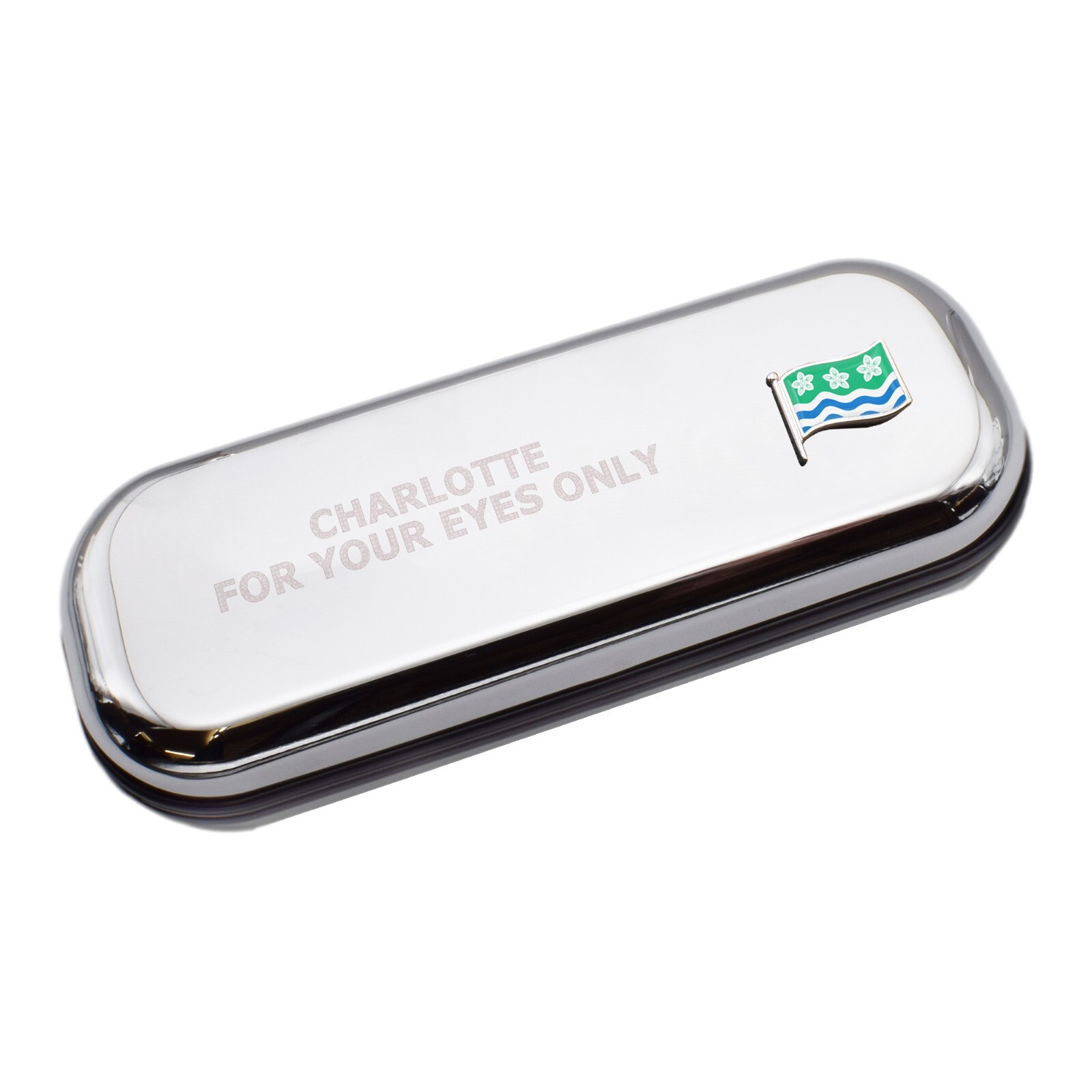 Cumbria Wave Flag & Engraved With Message Chromed Glasses Case Box