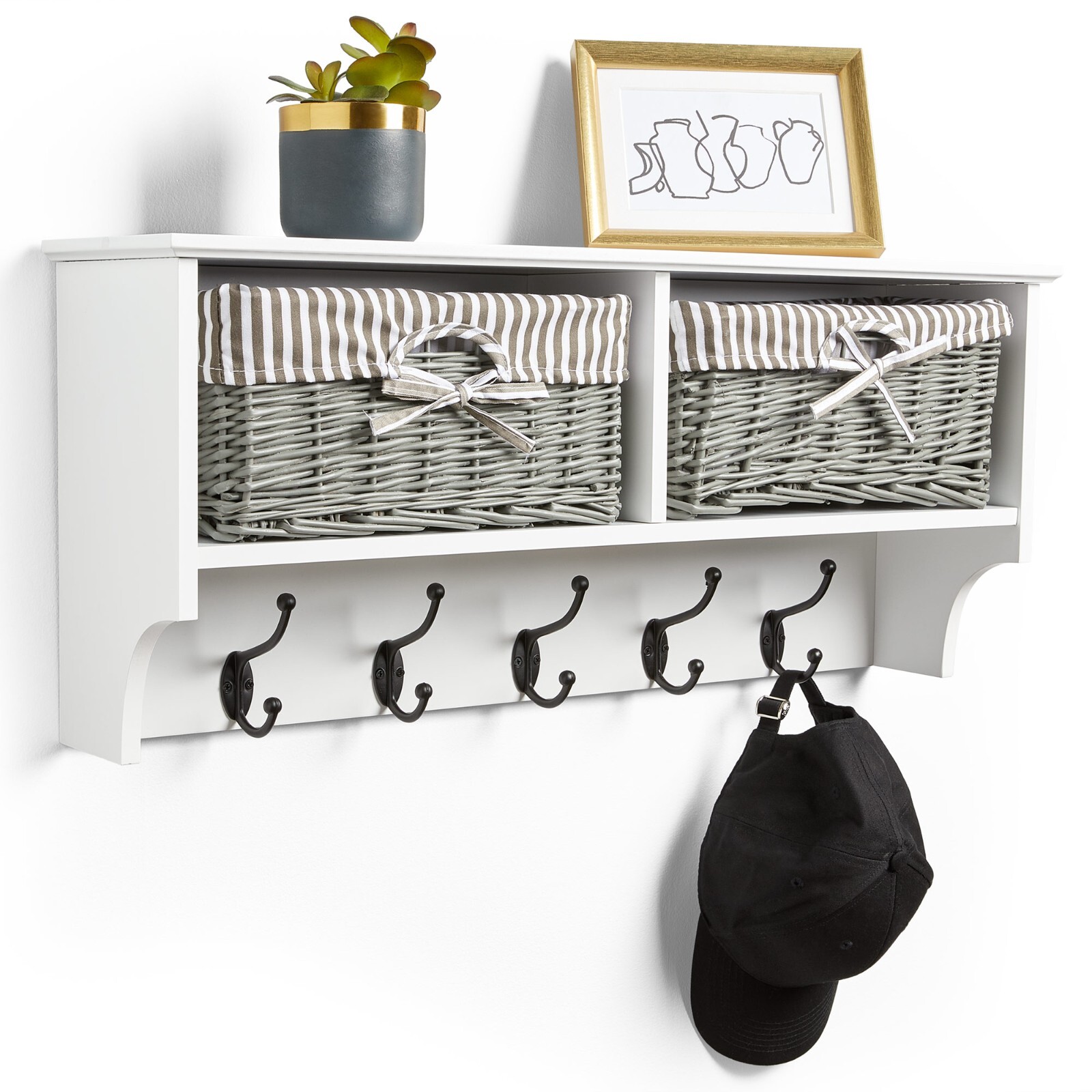 Coat Hooks Wall Mounted, White Coat Rack Shelf with Wicker Baskets, VonHaus